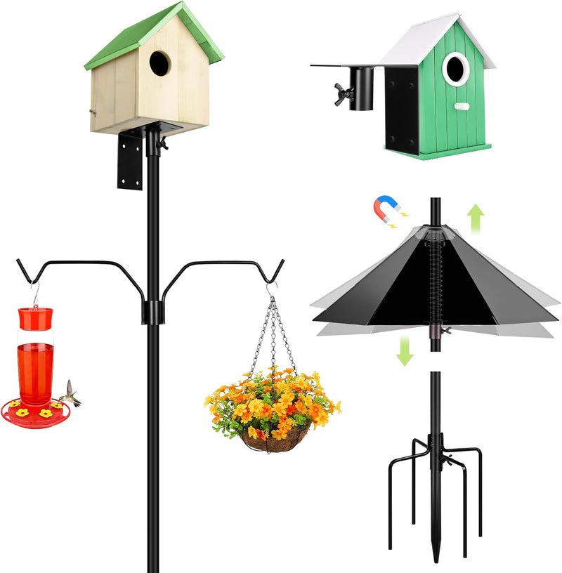 YINGYM Bird House Pole, 95 Inch Heavy Duty Bird Feeder Pole Mount Kit for Outdoors, Adjustable Feeding Stand, with 2-Hooks, Metal Squirrel Baffle and 5-Prong Base, for Birds Watching - Image 1